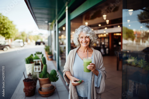 Healthy senior woman smiling while holding some green juice. AI Generated