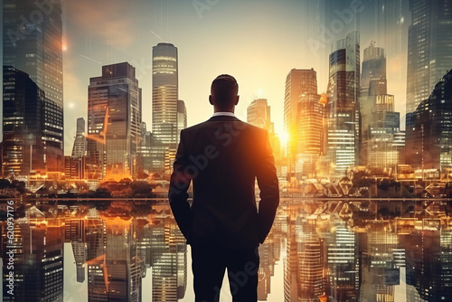 The double exposure image of the business man standing back during sunrise overlay with cityscape image. AI Generated