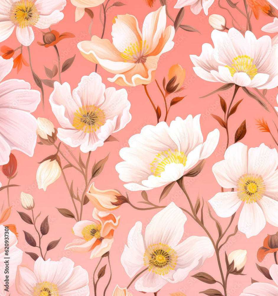 Floral seamless pattern with orange and pink flowers on white background.