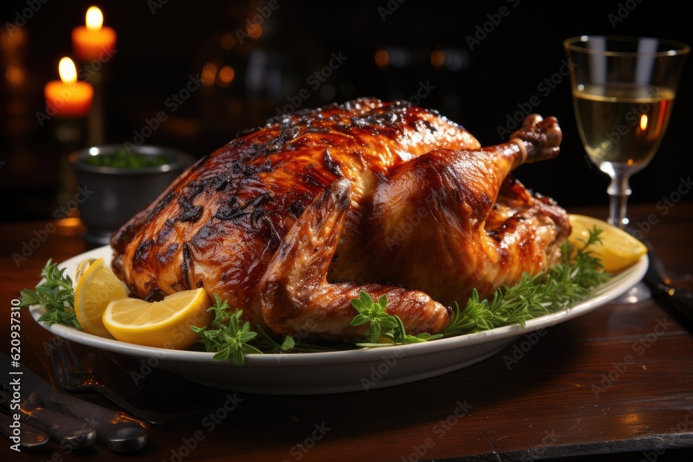 Christmas or thanksgiving turkey on table. Generative AI Christmas or thanksgiving turkey on table. Generative AI