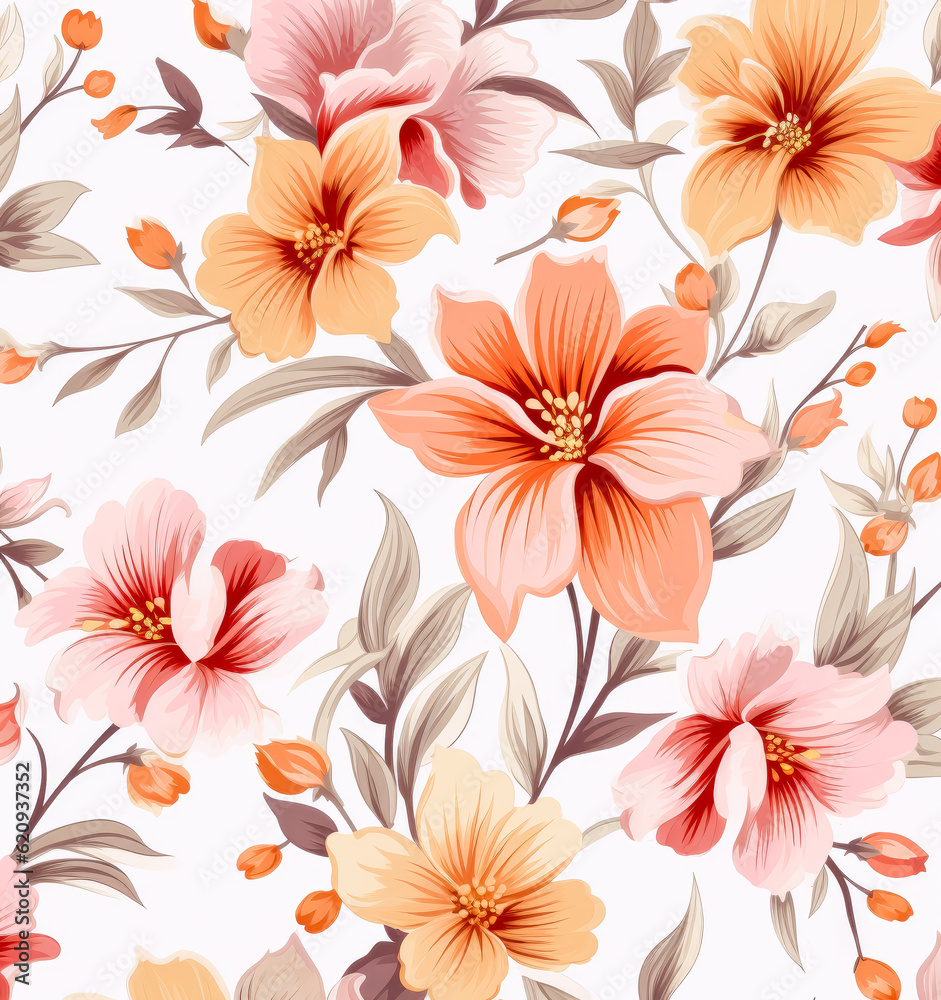 Floral seamless pattern with orange and pink flowers on white  pink background.