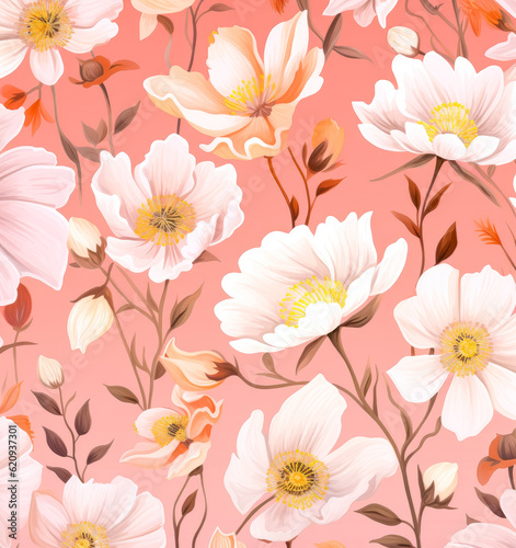 Floral seamless pattern with orange and pink flowers on white background. © Saulo Collado