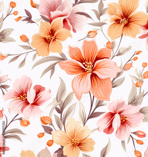 Floral seamless pattern with orange and pink flowers on white pink background.