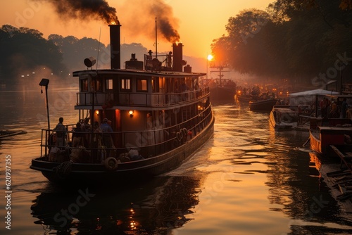 Old steamboat with smoke in river. Generative AI photo