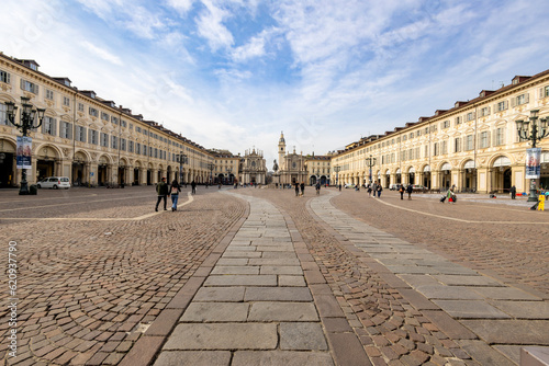 TURIN, ITALY, APRIL 11, 2023 - View of San Carlo Square in the center city of Turin, Piedmont, Italy