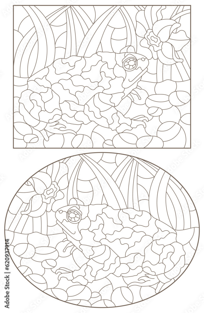 A set of contour illustrations in the style of stained glass with toads and flower, dark contours on a white background