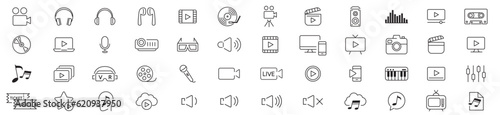 Content line icons editable set vector. Music Camera Audio Dj Piano Video Media Microphone Webcam Television Earphones Cinema photo
