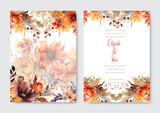 Beautiful wedding invitation card with golden brown floral and leaves wreath template