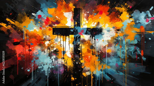 Colorful painting art of an abstract background with cross. Christian illustration.
