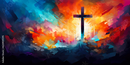 Colorful painting art of an abstract background with cross. Christian illustration. © PhotoGranary