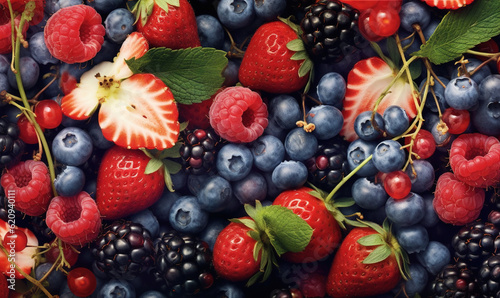  berries, raspberries, blueberries, and strawberries are arranged together. generative ai