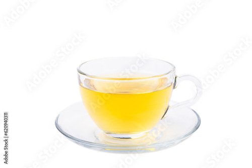 Chamomile herbal tea with flower buds and chamomile bouquet isolated on white background. Useful herbal, soothing drinks and natural healer concept. Immunity tea.Close up. Copy space.