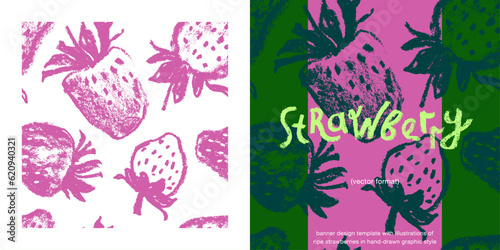 Red strawberry pattern seamless, strawberries illustration for fabric ornament, textile design. Hand drawn vector berry. Juice or jam label design. Bright pink berries background. Strawberry backdrop.