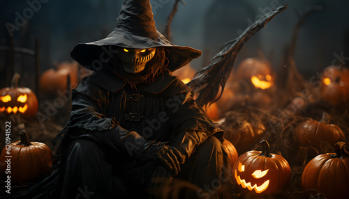witch sitting in a corn field next to a halloween pumpkin