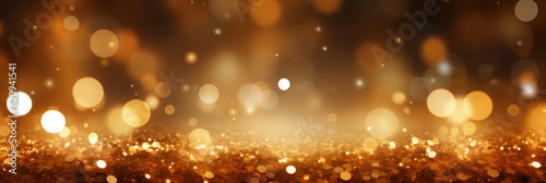 Banner. Abstract golden background with bokeh and sparkles  holiday. AI generative.