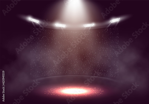 Spotlights. Scene for presentation illuminated by spotlights with smoke. Vector illustration.