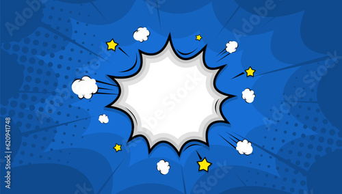 comic cartoon pop art background with cloud and stars, on blue 