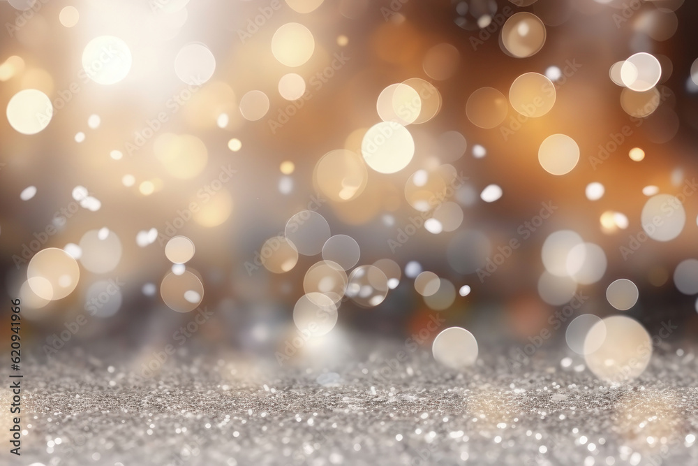 Abstract silver background with bokeh and sparkles, holiday. AI generative.