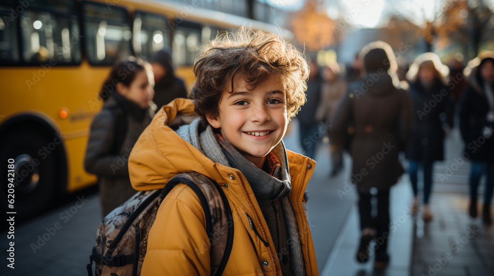 Schoolboy near the school-bus. Generative Ai Schoolboy near the school-bus. Generative Ai