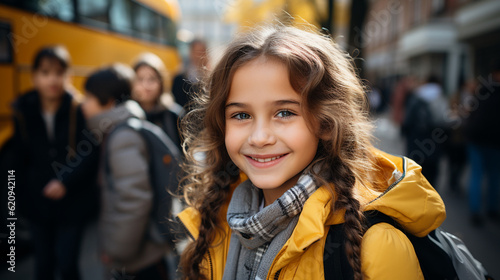 Schoolgirl near the school-bus. Generative Ai © Vika art