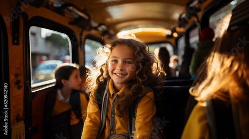 Schoolgirl in the school-bus. Generative Ai