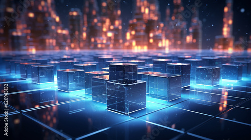 3D rendering of abstract digital city with glowing cubes on dark background
