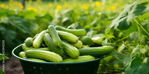 Basket of fresh cucumber in field, fresh cucumber, generative Ai photo