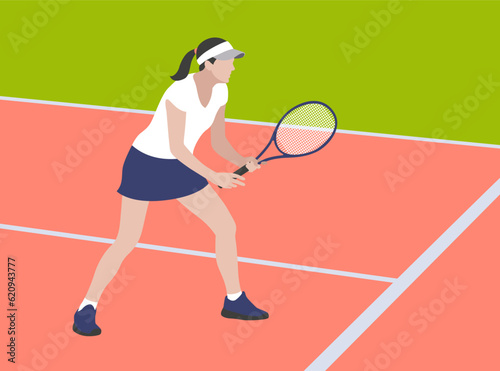 The girl tennis player plays tennis on the court. Sport girls. Tennis banner. Vector illustration © Andrew