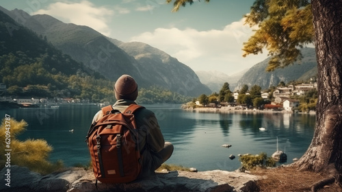 A traveler with a backpack sits on the edge of the cliff and looks at the lake.