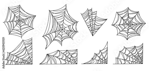 Vector set with gothic Halloween spider web in hand drawn outline style