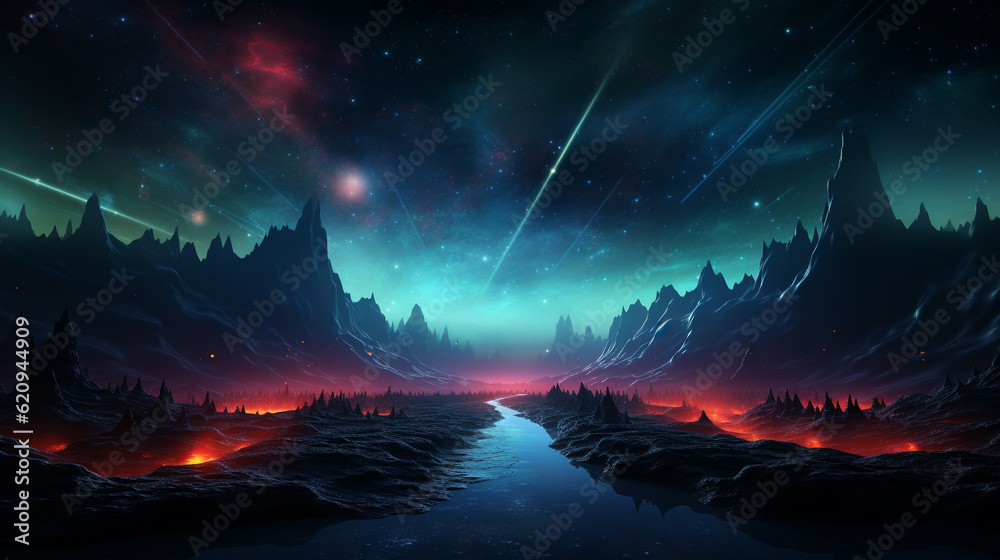 Fantasy alien planet. Mountain and river
