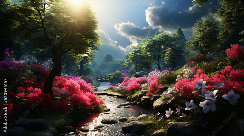 Fantasy landscape with a pond and red flowers ai generated