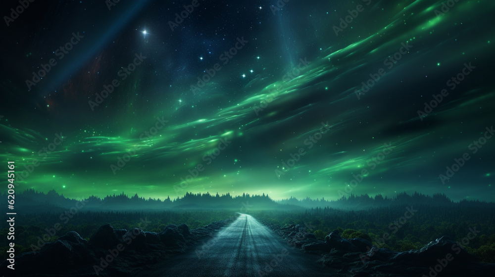 Fantasy night landscape with road and aurora borealis