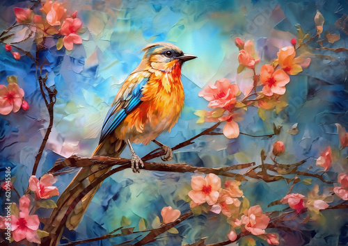 Beautiful bird perched on a branch of a cherry blossom tree, alcohol ink and impasto style painting, Generative Ai © jakkaje8082