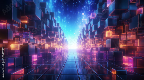 Futuristic technology background with glowing squares and lines. 3d rendering
