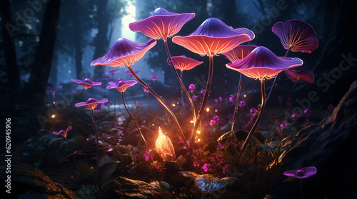 Magic mushrooms in the forest at night
