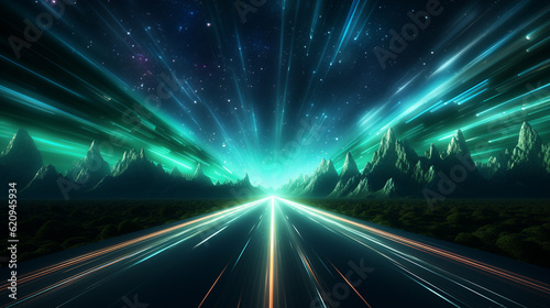 3D illustration of a road leading to a mountain in the night.