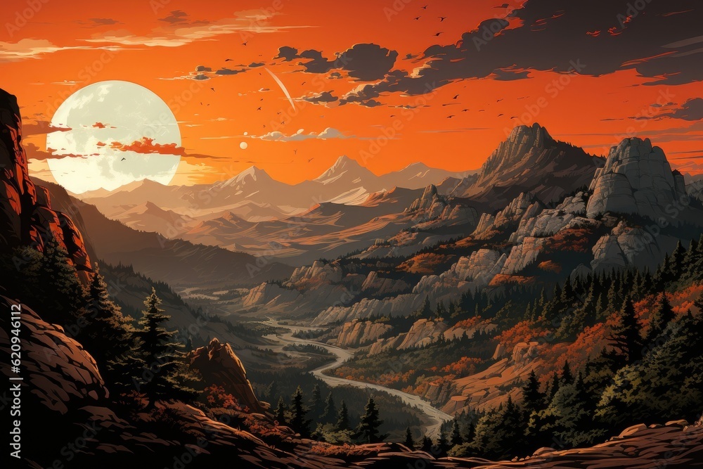 The background showcases a fiery canyon, silhouette mountains, and setting sun. (Illustration, Generative AI)