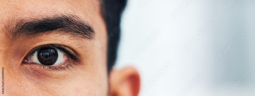 Half portrait, closeup and eyes of man with mockup for vision, focus ...