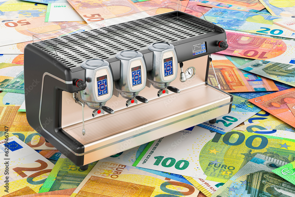 Espresso coffee machine professional on the euro background, 3D rendering