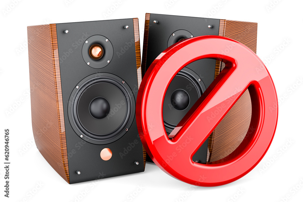 Fototapeta premium Musical Speakers with prohibition sign. 3D rendering