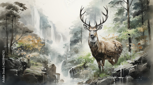 Landscape with bright trees and a deer with branching horns. Hand-drawn. Landscape with waterfall © barberry