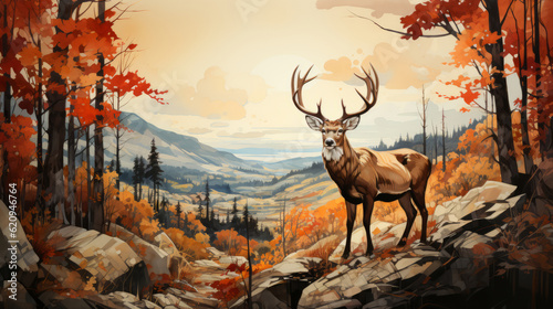Autumn landscape with bright trees and a deer with branching horns. Hand-drawn. Landscape in the mountains