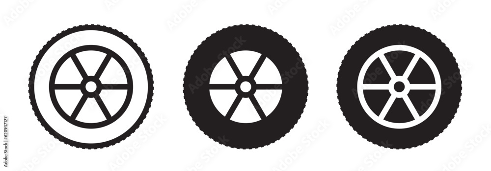 Car wheel icon set. auto vehicle tyre vector. aluminum alloy tire with line icon in black color.