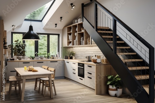 Small kitchen with modern Scandinavian or Scandi style with staircase.