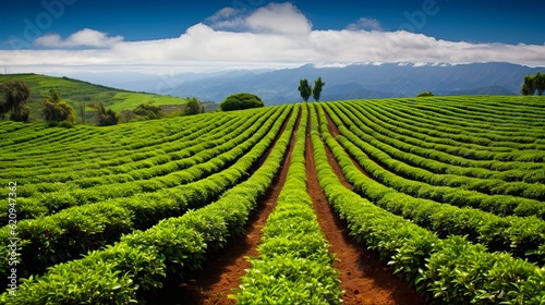 Beautiful Kauai Coffee Fields Extending to the Pacific Ocean. Experience the Aroma of Roasted Green Beans in Kalaheo's Countryside: Generative AI photo