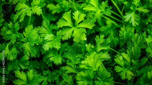 Curly Parsley Plantation Close-up for Healthy Food Background. Fresh Green Garden Ingredient. Generative AI