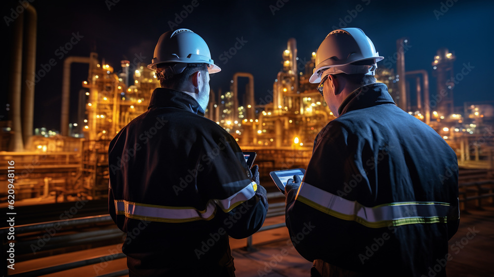 Obraz premium engineering men standing in front of factory, generative ai