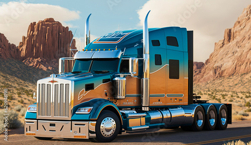 American Truck Simulator Kenworth, American style truck on freeway pulling load. Transportation theme. photo