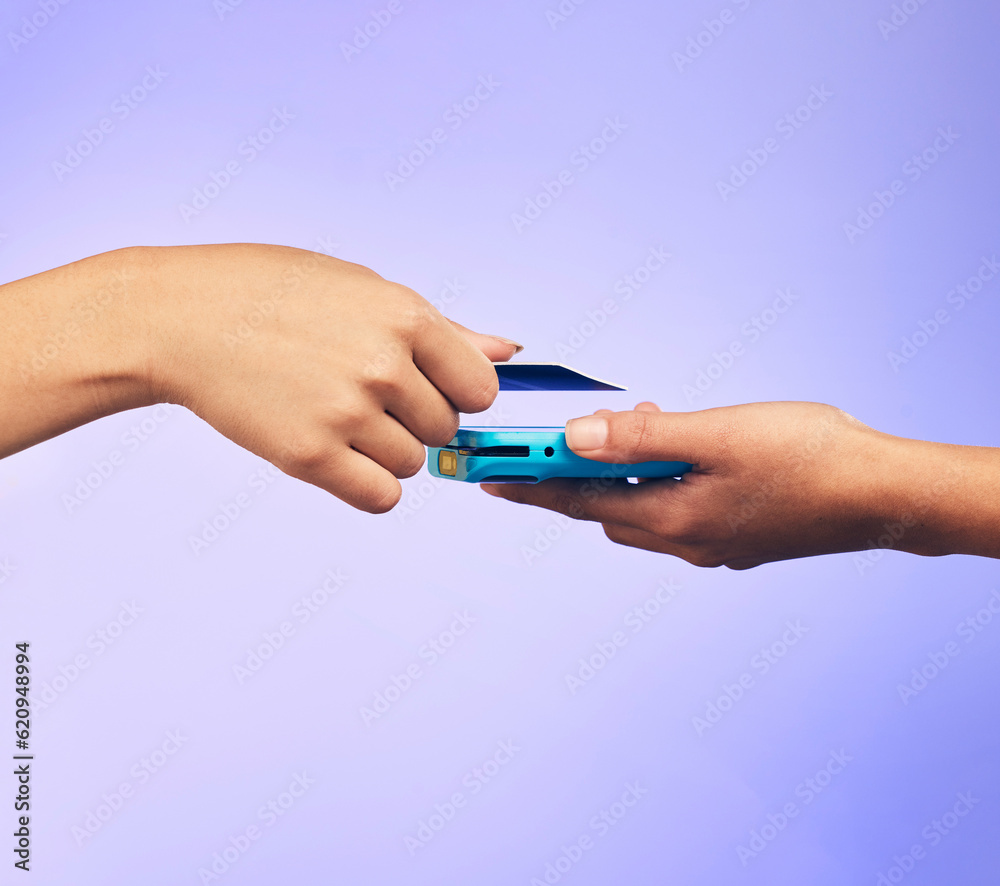 Fototapeta premium Card machine, shopping and people hands at POS, online payment and digital service or paperless fintech. Retail, credit and cashier, customer or person at point of sale on studio or purple background
